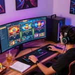 Engaging gamer enjoying slot gacor hari ini games at vibrant home setup with LED lights and snacks.