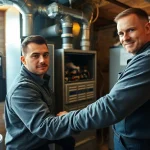 Expert furnace installation technician in St. Paul adjusting a modern furnace.
