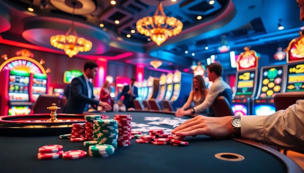 L567 casino scene showcasing professional dealer, poker chips, and lively atmosphere of gambling excitement.