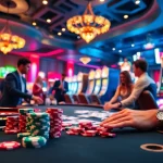 L567 casino scene showcasing professional dealer, poker chips, and lively atmosphere of gambling excitement.