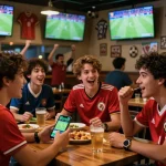 KÈO TRỰC TUYẾN betting excitement at a lively sports bar with friends watching live matches.