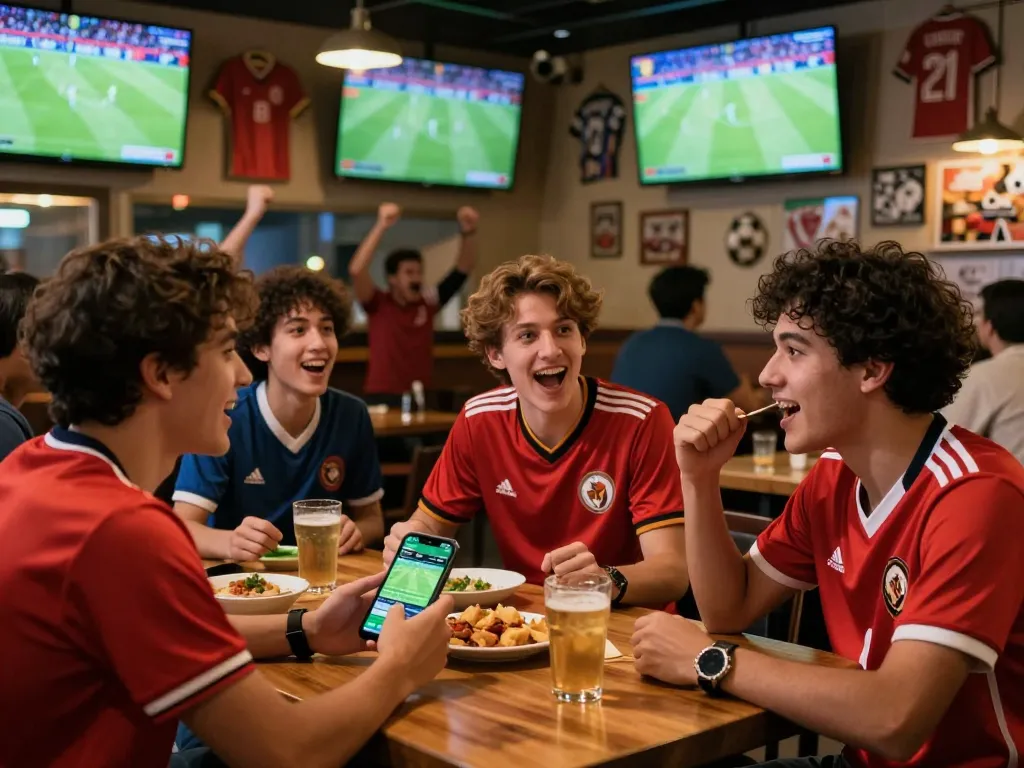 KÈO TRỰC TUYẾN betting excitement at a lively sports bar with friends watching live matches.