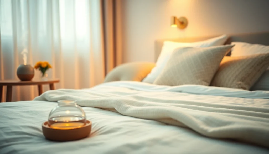 回復を促す温かな照明と安らぎを提供する、風邪を一晩で治す方法を訴求するコージーベッドルーム。