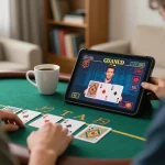 Engaged player using TG88 app for live dealer blackjack in a cozy home setting, showcasing strategic gaming.