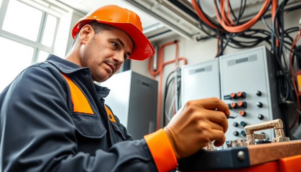 Electrician performing edmonton electrical maintenance in a modern office setting.