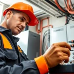 Electrician performing edmonton electrical maintenance in a modern office setting.