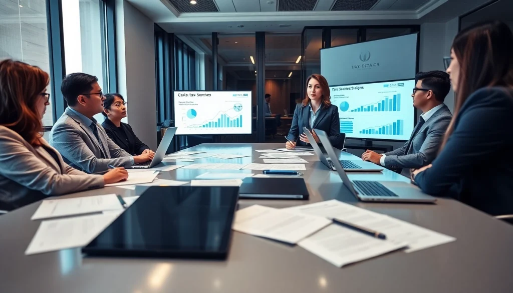 Corporate Tax Services in UAE discussions in a modern office with diverse professionals.