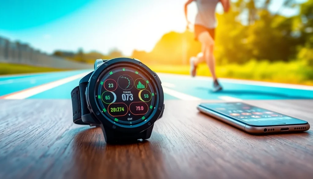 View Explorer GPS Smart Watch showcasing fitness metrics on a table next to a smartphone.