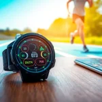 View Explorer GPS Smart Watch showcasing fitness metrics on a table next to a smartphone.