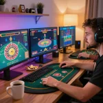 Engaging online gambler at home using uu88 to play poker and roulette on multiple screens