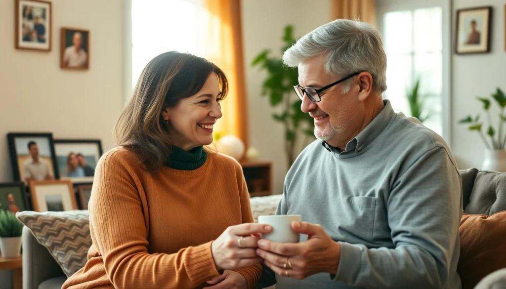 Engaging moment of at home senior care with a caregiver assisting an elderly man at home.