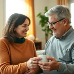 Engaging moment of at home senior care with a caregiver assisting an elderly man at home.