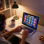 Pemain berinteraksi dengan slot zeus di laptop di rumah, tampilan permainan yang berwarna-warni terlihat.