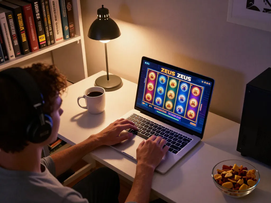 Pemain berinteraksi dengan slot zeus di laptop di rumah, tampilan permainan yang berwarna-warni terlihat.