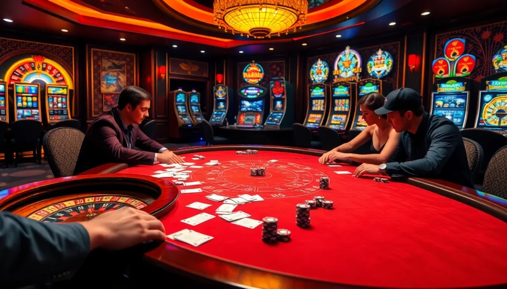 Engage in thrilling casino action at https://7hh.br.com/ with players at a poker table, vibrant roulette wheel, and exciting slot machines.