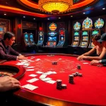Engage in thrilling casino action at https://7hh.br.com/ with players at a poker table, vibrant roulette wheel, and exciting slot machines.