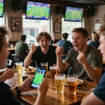 Excitedly placing bets on thabet app during a lively sports gathering with friends.