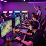 Exciting gaming lounge atmosphere featuring friends enjoying mantra88 online games.