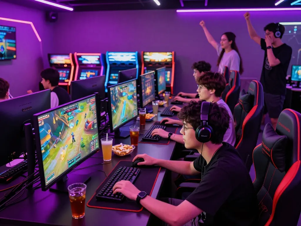 Exciting gaming lounge atmosphere featuring friends enjoying mantra88 online games.