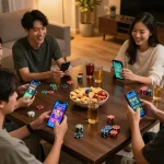 Tg88 apk displayed on smartphones during a fun home casino night with friends enjoying games and snacks.