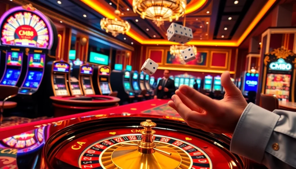 CM88 casino scene with players at a roulette table and slot machines, showcasing excitement.