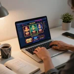Engaging online gaming session with Lc88 vin on the laptop, showcasing vibrant casino interfaces and strategic notes.