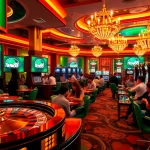 Engage with new88's thrilling online casino action featuring colorful slot machines and a roulette wheel.