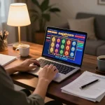 Engaging player enjoying gajah toto slots on a laptop in a cozy home environment
