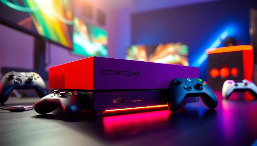 Graj na Xbox, podziwiając jego nowoczesny design i kolorowe kontrolery.