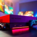 Graj na Xbox, podziwiając jego nowoczesny design i kolorowe kontrolery.