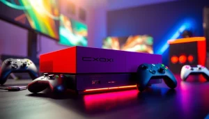 Graj na Xbox, podziwiając jego nowoczesny design i kolorowe kontrolery.