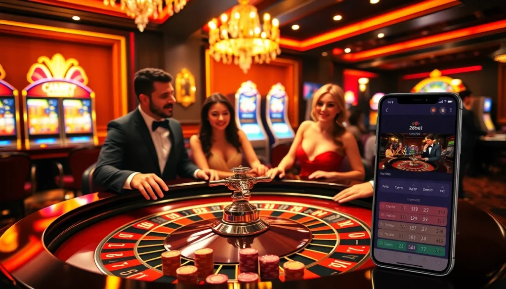 Experience the thrill of gambling at 28bet with players enjoying a lively roulette table.