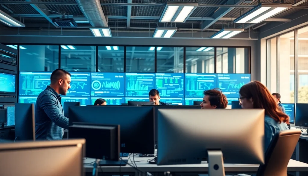 IT support services team collaborating in a modern setting with technology and teamwork.