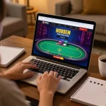Engaged gameplay on https://www.mnm88.com/ featuring a poker session in a cozy home work environment.