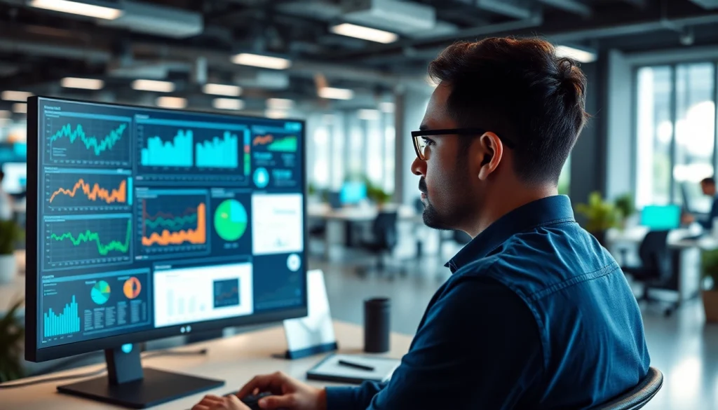 Engaged analyst utilizing AI for competitive intelligence tools in a modern office