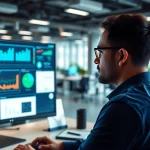 Engaged analyst utilizing AI for competitive intelligence tools in a modern office