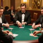 Players enjoying a dynamic poker game at a high-stakes table, showcasing max79 strategic moments.