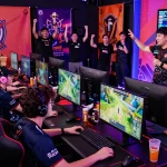 Exciting ligasedayu gaming tournament showcasing diverse players in jerseys, vibrant atmosphere with neon lights, and host announcing winners.