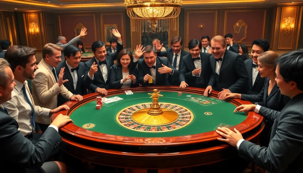 Players engaging excitedly at a luxurious F168-themed casino table amid chips and cards.