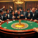 Players engaging excitedly at a luxurious F168-themed casino table amid chips and cards.