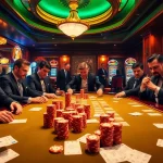 Players engaging in a thrilling game of poker at the luxury XXGG casino table with vibrant slot machines behind.