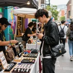 Shopper exploring 레플리카 fashion accessories at trendy market with vibrant street art.