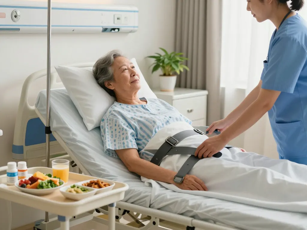 Adjustable giường bệnh nhân enhancing comfort for elderly patient in serene hospital room.