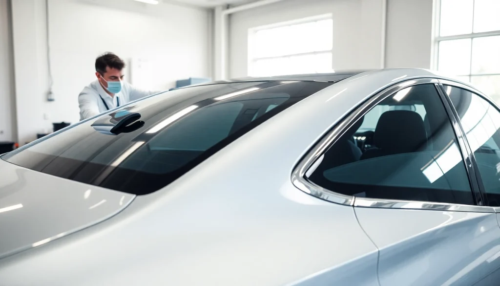 Protective film application on a vehicle in Fort Worth TX detailing workshop.