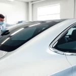 Protective film application on a vehicle in Fort Worth TX detailing workshop.