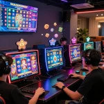 Pemain yang antusias menikmati permainan slot gacor di lounge permainan yang cerah dengan mesin yang bersinar dan suasana yang dinamis.
