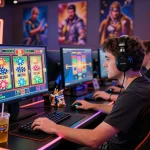 Exciting gaming experience at vegasslot77.com with vibrant slot machine graphics and gamer focused on the screen.