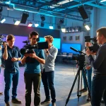 Capture of a team from edmonton production companies collaborating on a video shoot in a professional studio setting.