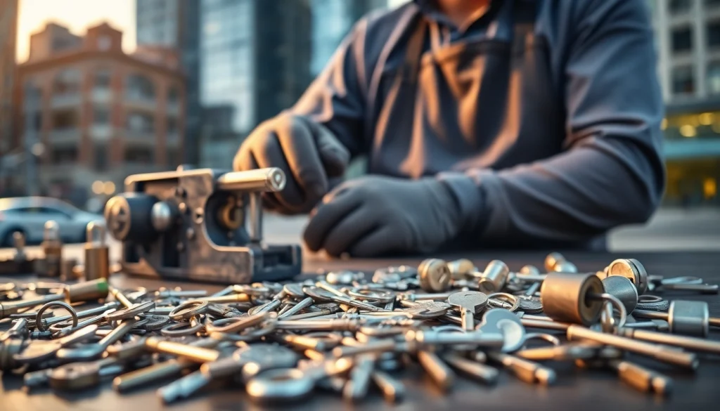 Locksmith near me focused on key cutting in an urban setting, exemplifying professional service.