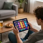 Player engaging with a vibrant HARGATOTO online slot game on tablet in cozy home setting.